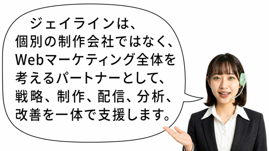 ジェイラインは、個別の制作会社ではなく、Webマーケティング全体を考えるパートナーとして、戦略、制作、配信、分析、改善を一体で支援します。
