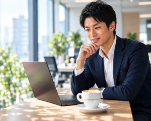 DELLのPCを使う男性。